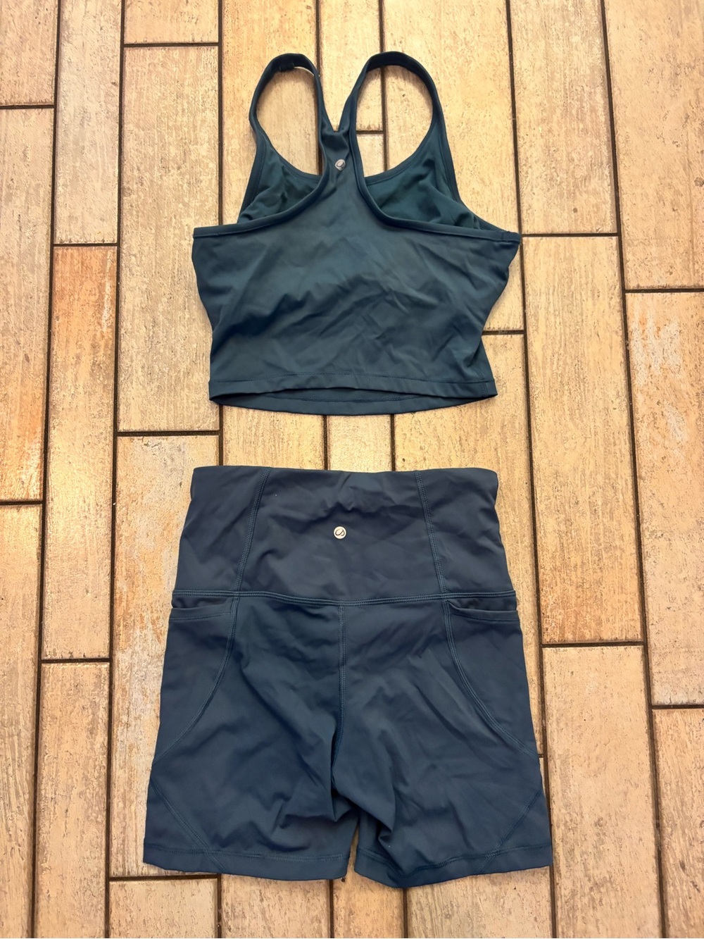 CRZ Yoga Women's Athletic Racerback Crop Top & High-Waist Bike Shorts Set - Blue - Picture 2 of 2